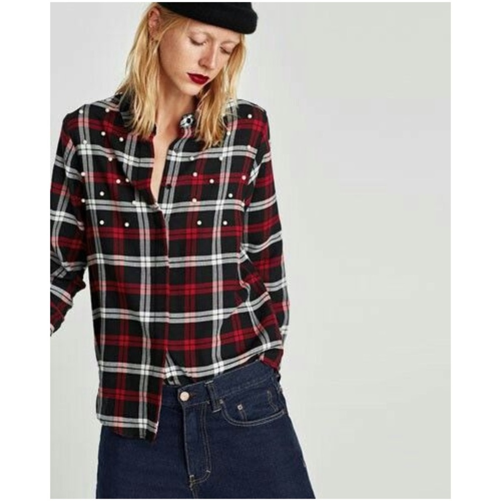 Zara Pearl Embellished Plaid Button Up Shirt | Cotton | Size L